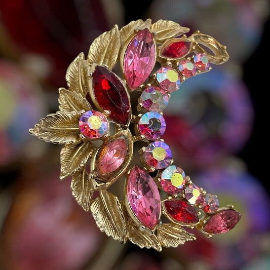 Vintage Sphinx Signed Gold Tone Pink Red Crescent  Statement  Brooch