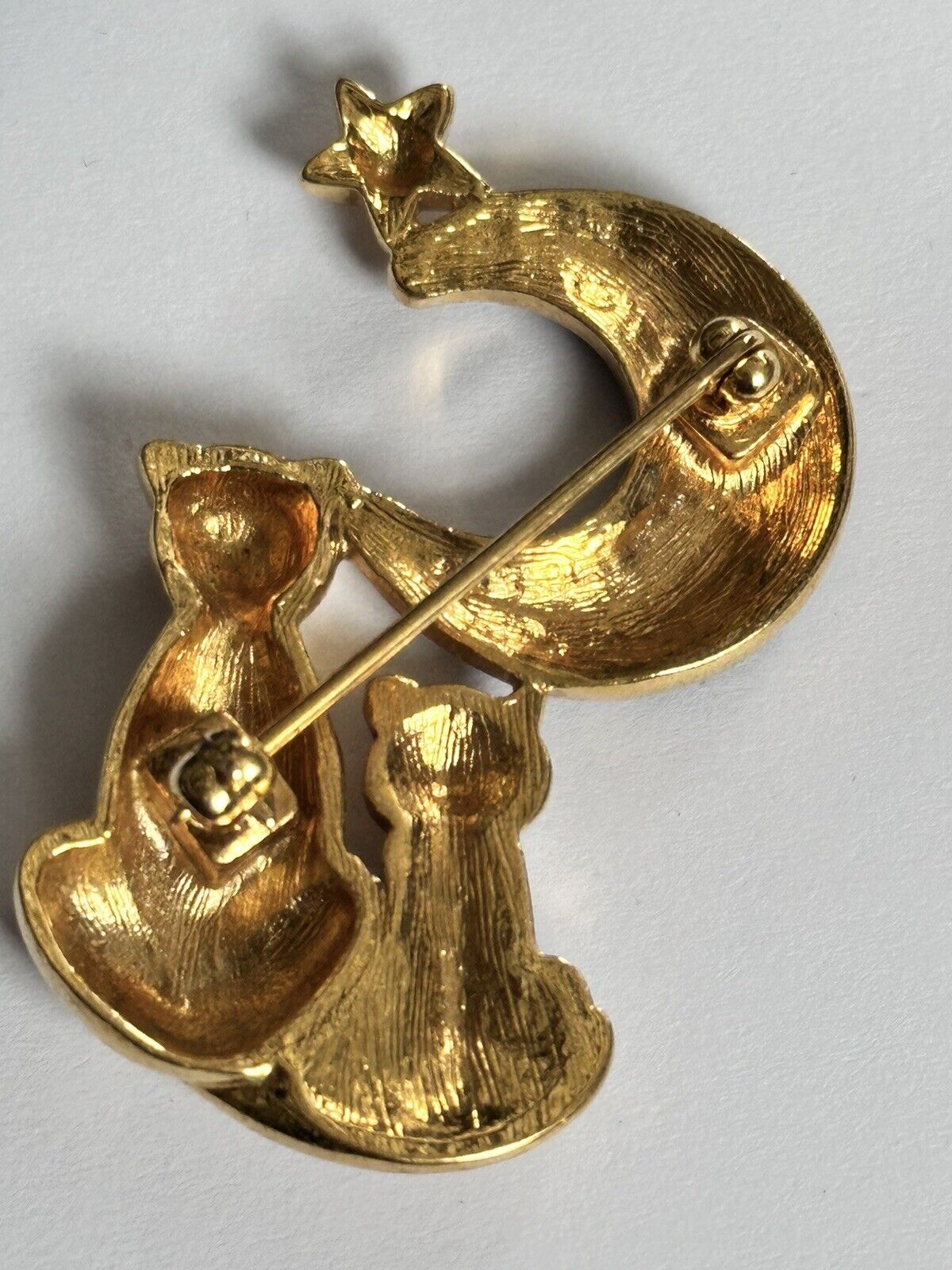 Vintage Gold Plated Blue Enamel Cats Moon Star Brooch