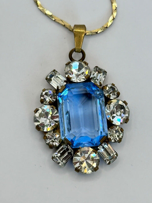 Vintage Blue Clear Paste Necklace Gold Plated Chain
