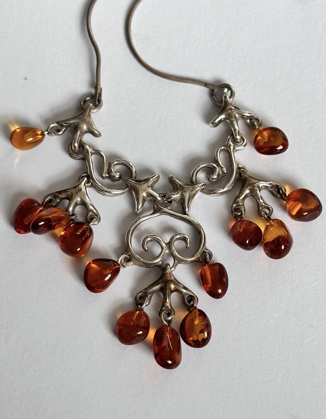 Vintage Silver 925 Baltic Amber Detailed Metalwork Necklace