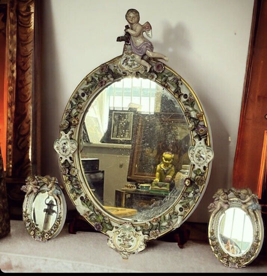 Antique Meissen German Porcelain Wall Mirror Set. Decorated With Cherubs & Birds