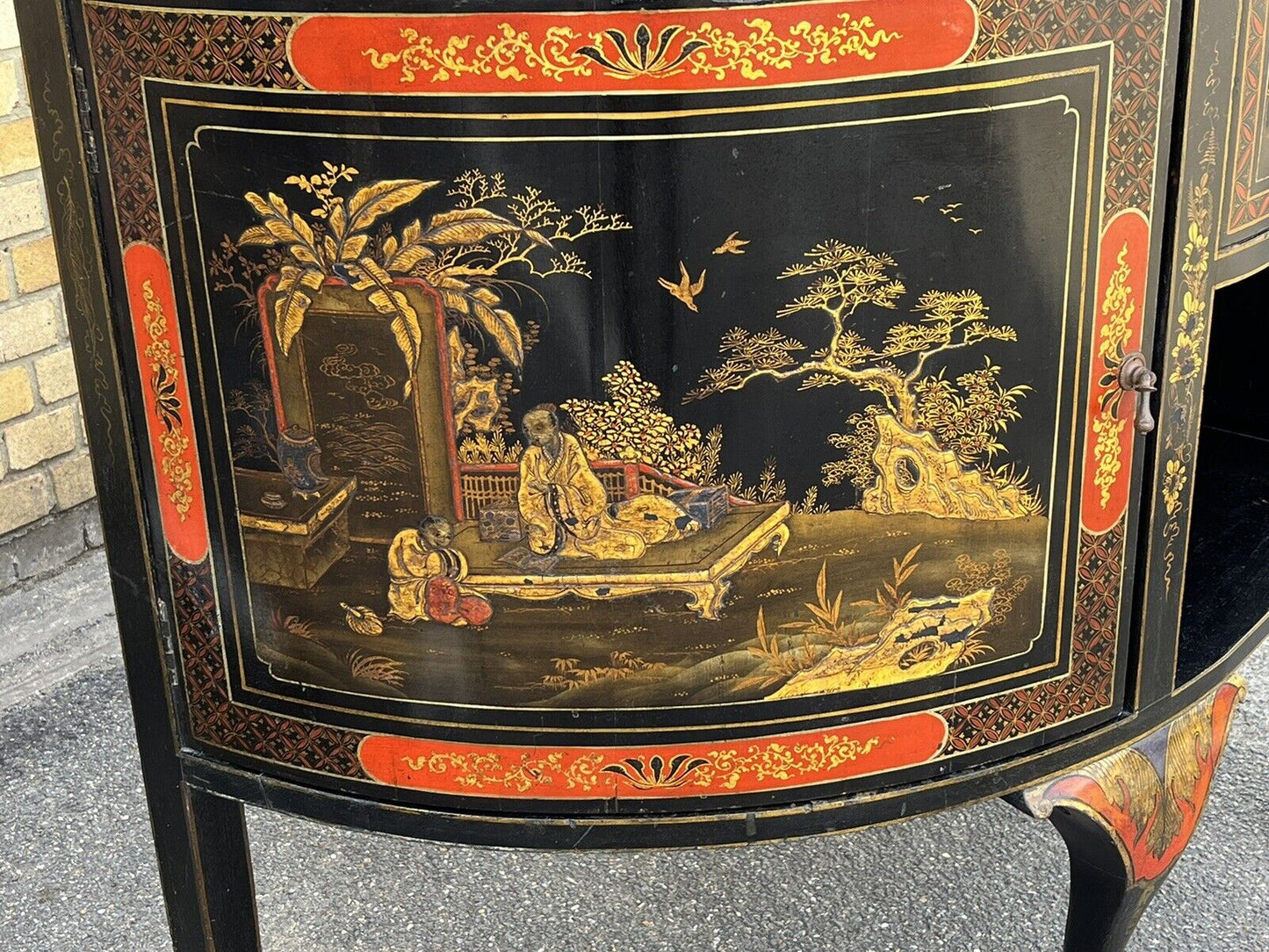 Antique Demi-Lune Chinoiserie Console Table/ Sideboard / Cocktail Cabinet.