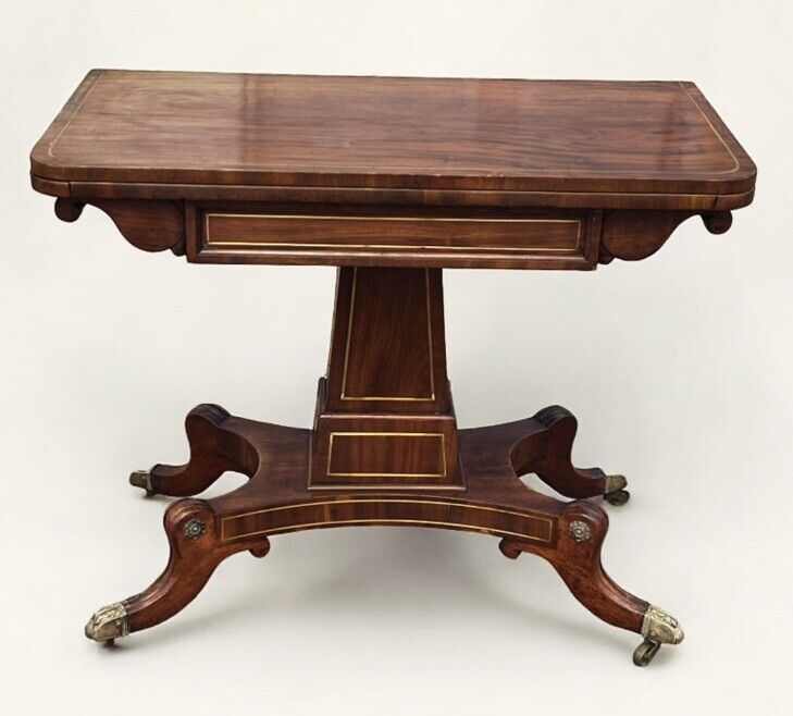 Antique Regency Mahogany & Brass Inlaid Games Table With Fold Over Lid