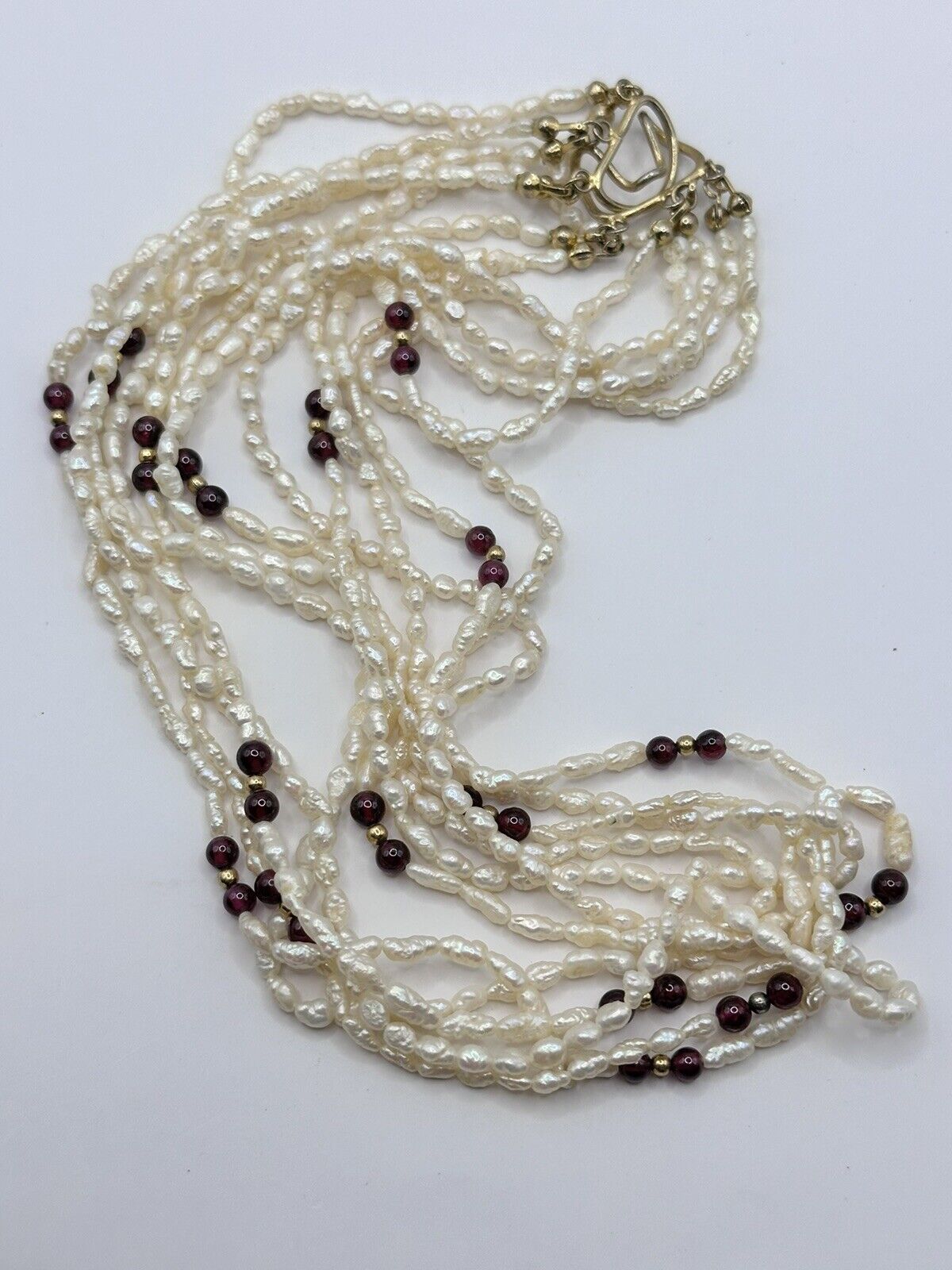 Vintage Multi Strand Freshwater Pearl Garnet Bead Necklace