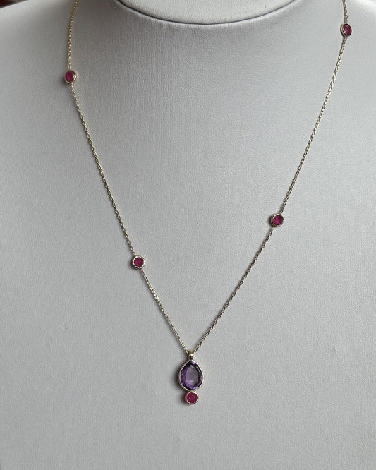 18k Gold Vermeil On 925 Silver Amethyst Teardrop And Ruby Necklace