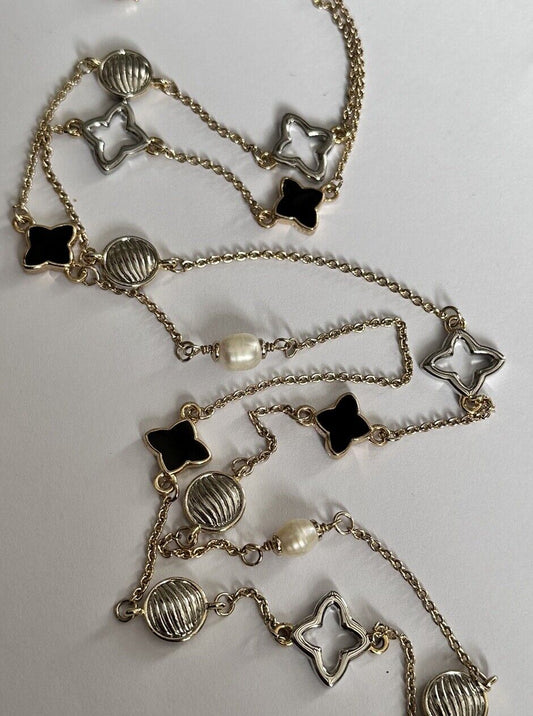 Vintage Rhodium Plated Black Enamel Clover Pearl Long Length Necklace