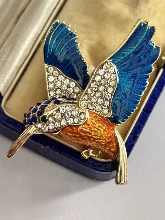 Vintage Gold Plated Blue Enamel Diamanté Hummingbird Brooch