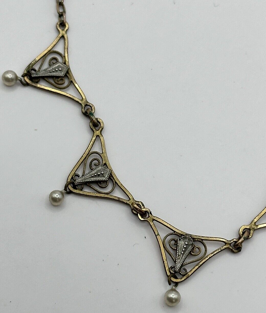 Vintage Gold Silver Tone Cut Out Faux Pearl Drop Necklace