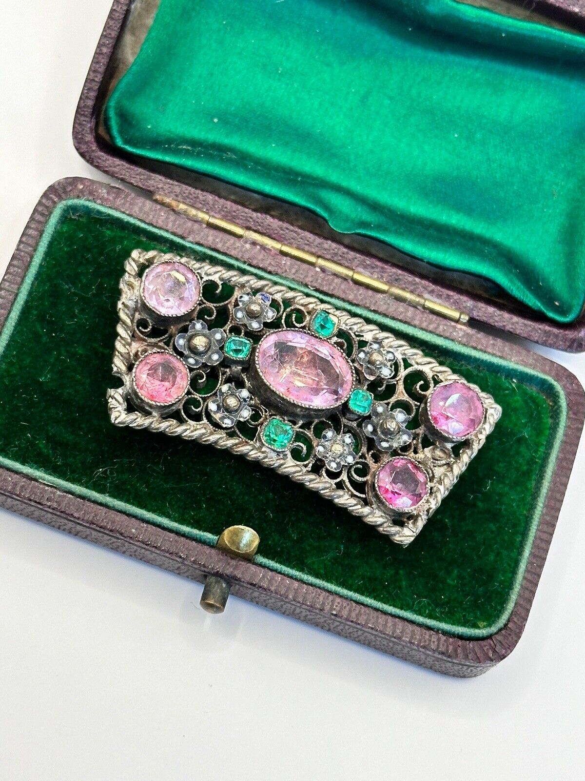 Antique  Edwardian Open Filigree Pink Green Paste Glass Brooch