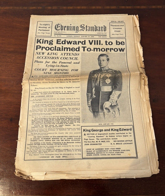 Original King Edward VIII Proclaimed King Newspaper. Jan 21st 1936