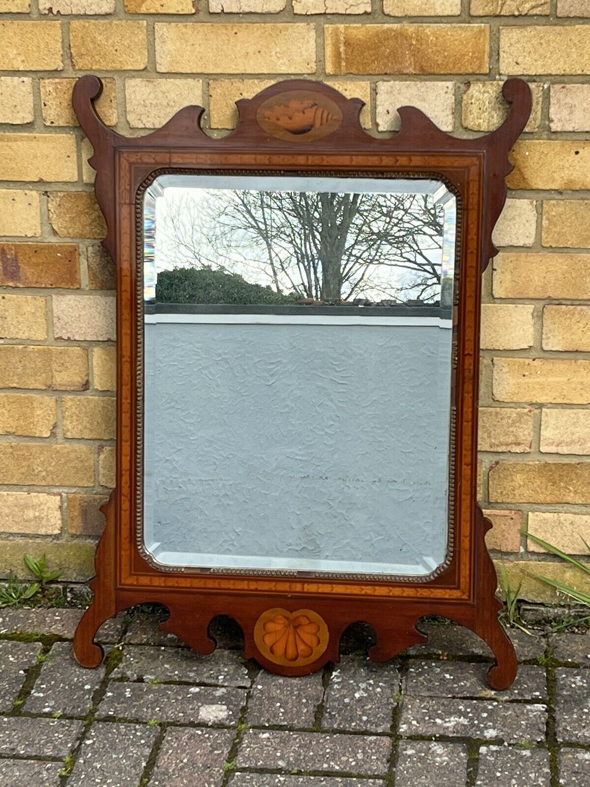 Edwardian Sheraton Revival Inlaid Mahogany Wall Mirror. Bevelled Edge Mirror