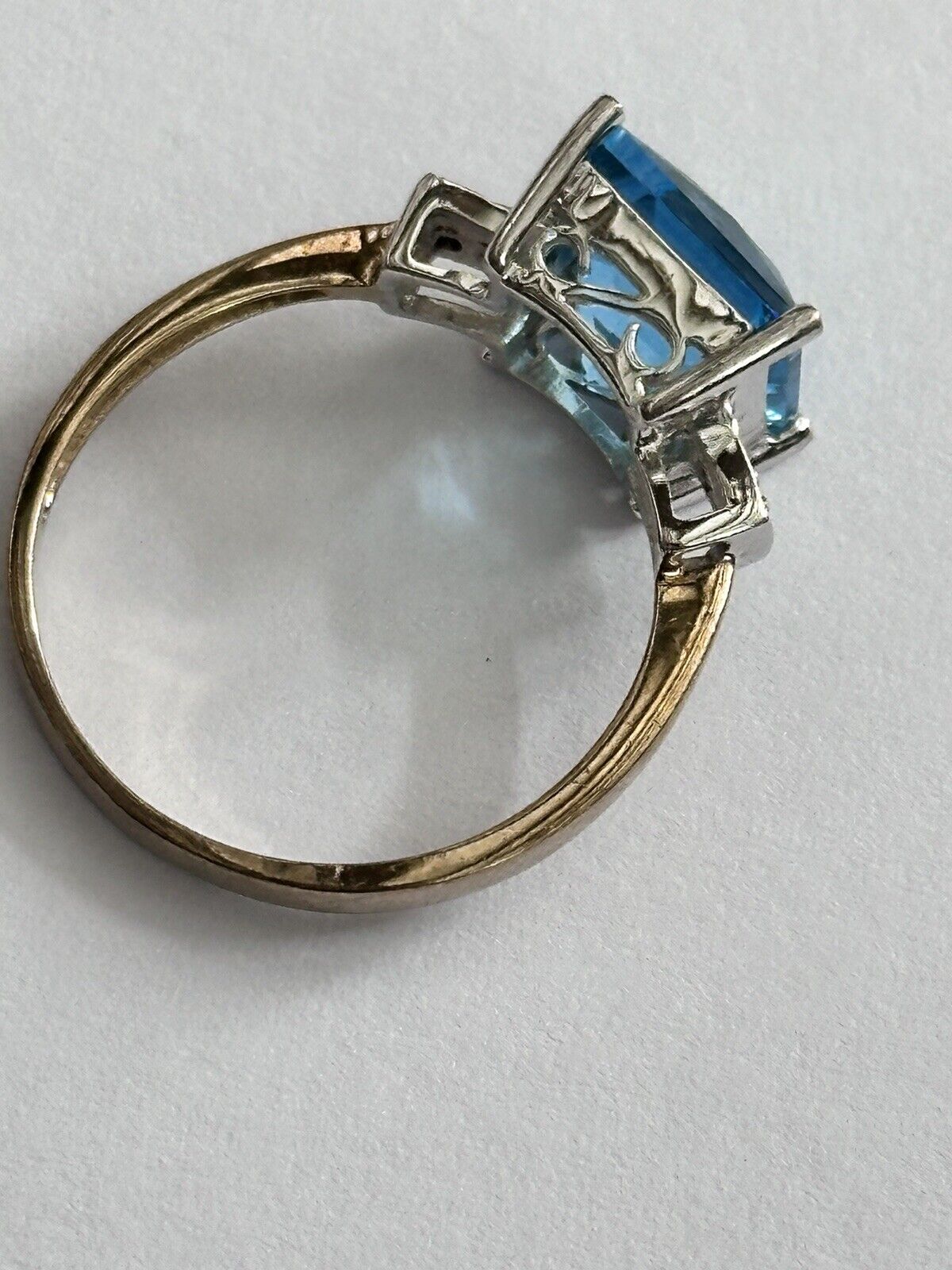 Vintage 9ct Gold Princess Cut Teal Blue Topaz Diamond Ring