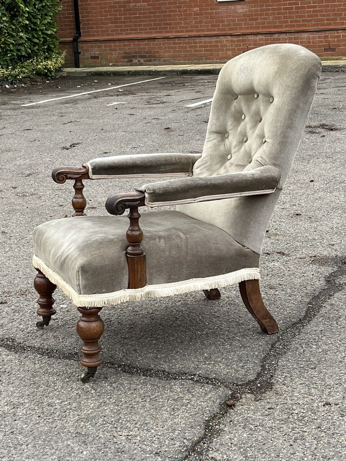 Victorian Library Armchair With Mahogany Frame, on Brass Castors.