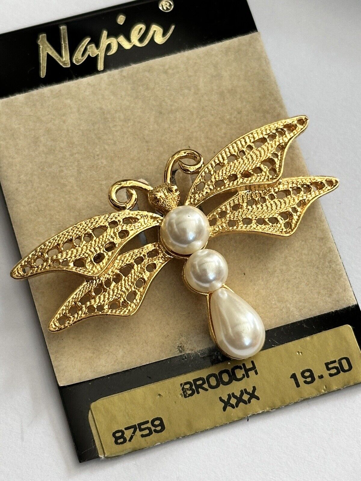 Vintage Napier Gold Tone Faux Pearl Dragonfly Brooch Original Ticket