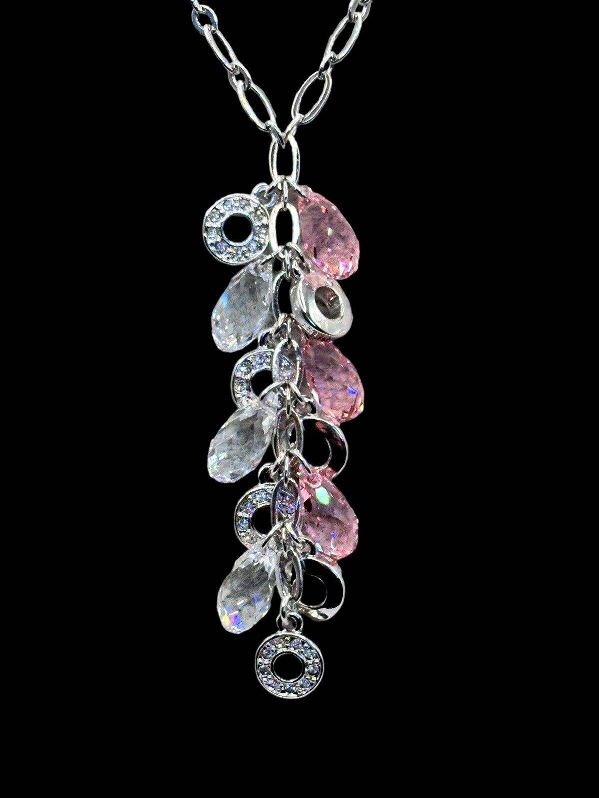 Vintage 1980s Rhodium Plated Pink Clear Droplet Crystal Necklace New Old Stock