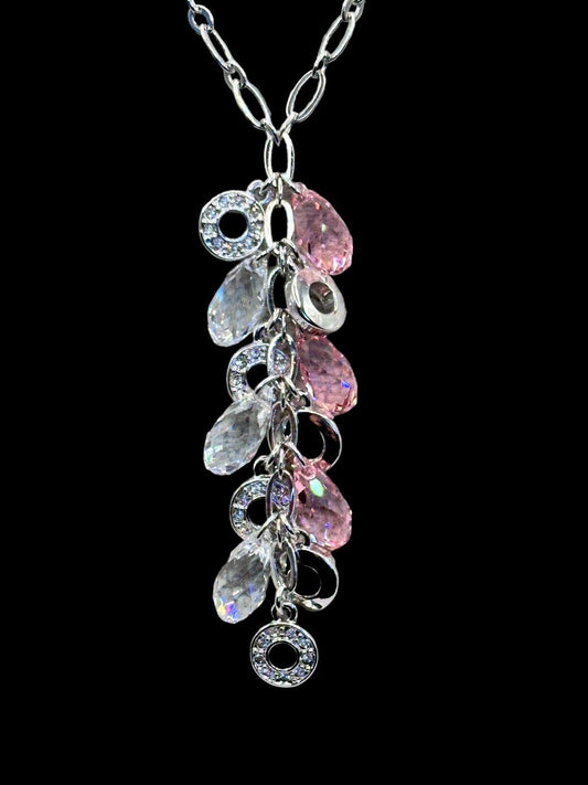 Vintage 1980s Rhodium Plated Pink Clear Droplet Crystal Necklace New Old Stock