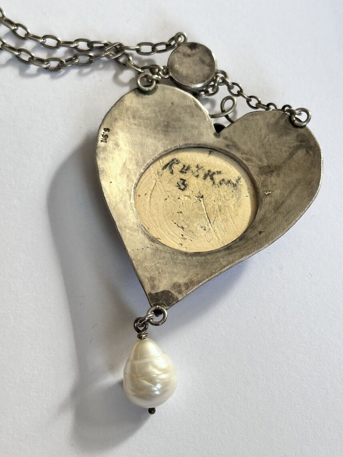 Arts & Crafts Ruskin Hand Signed Silver Heart Lavaliere Pearl Necklace
