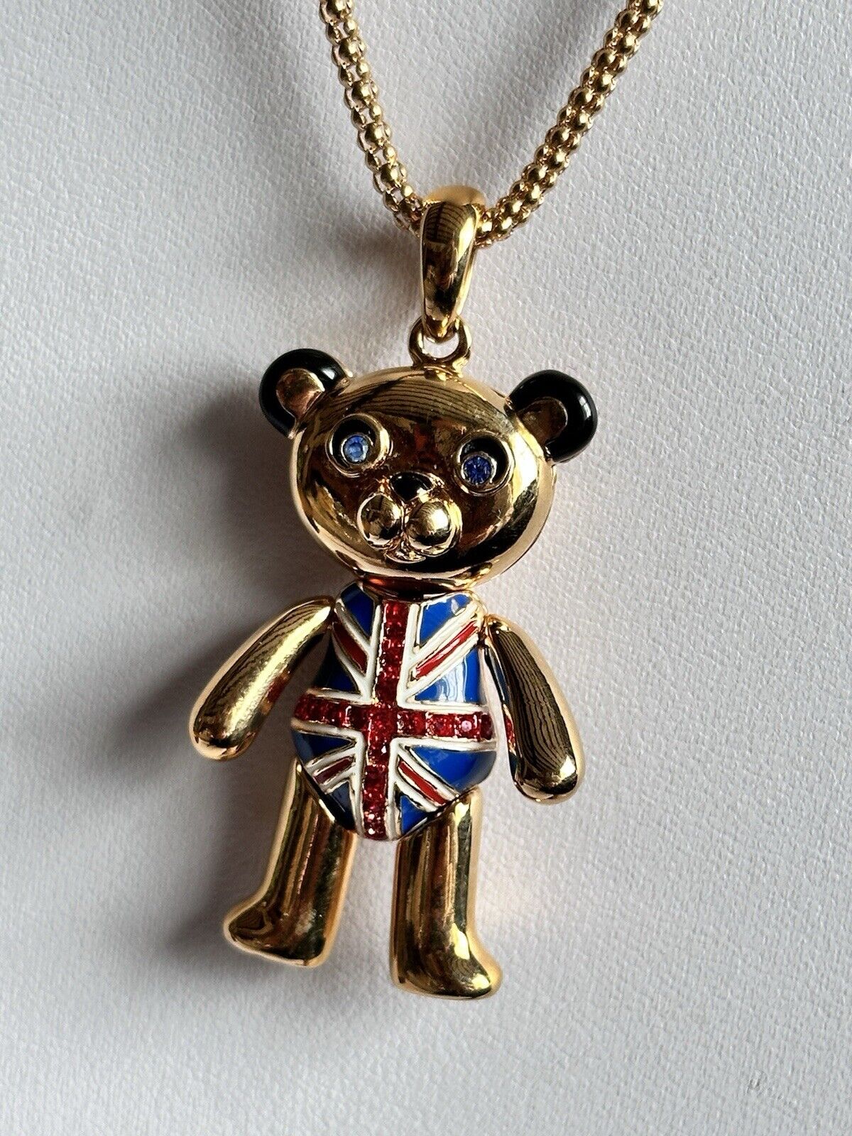 Vintage 1980s Gold Plated Moving Parts British Flag Teddy Pendant Necklace