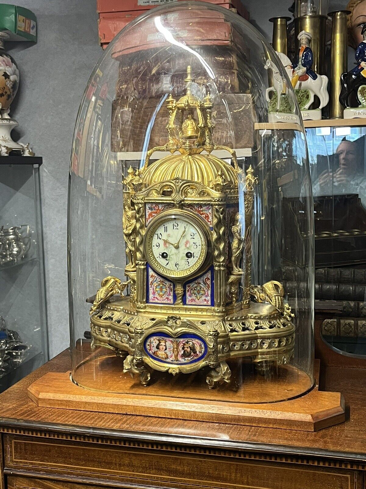Victorian Brass Clock Under Glass Done, Porcelain Painted Panels Of Royalty
