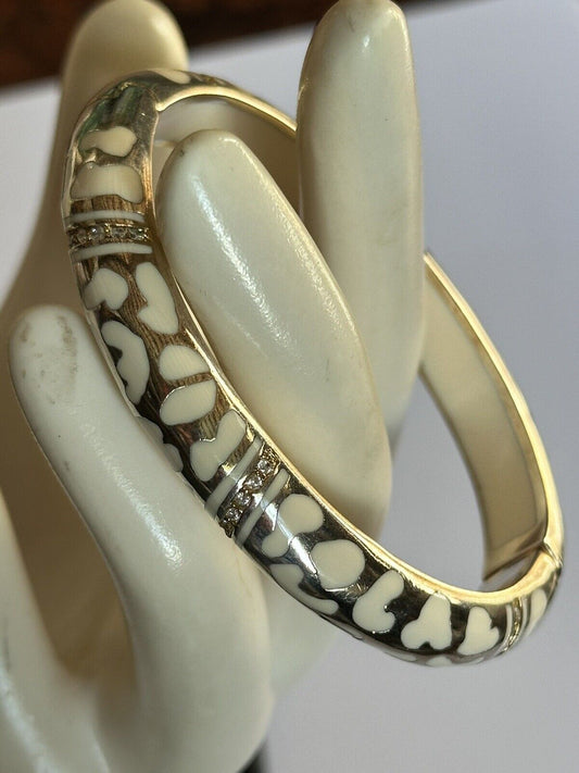 Designer Andrew Hamilton Crawford Gold Wash Cream Enamel Diamanté Hinged Bangle