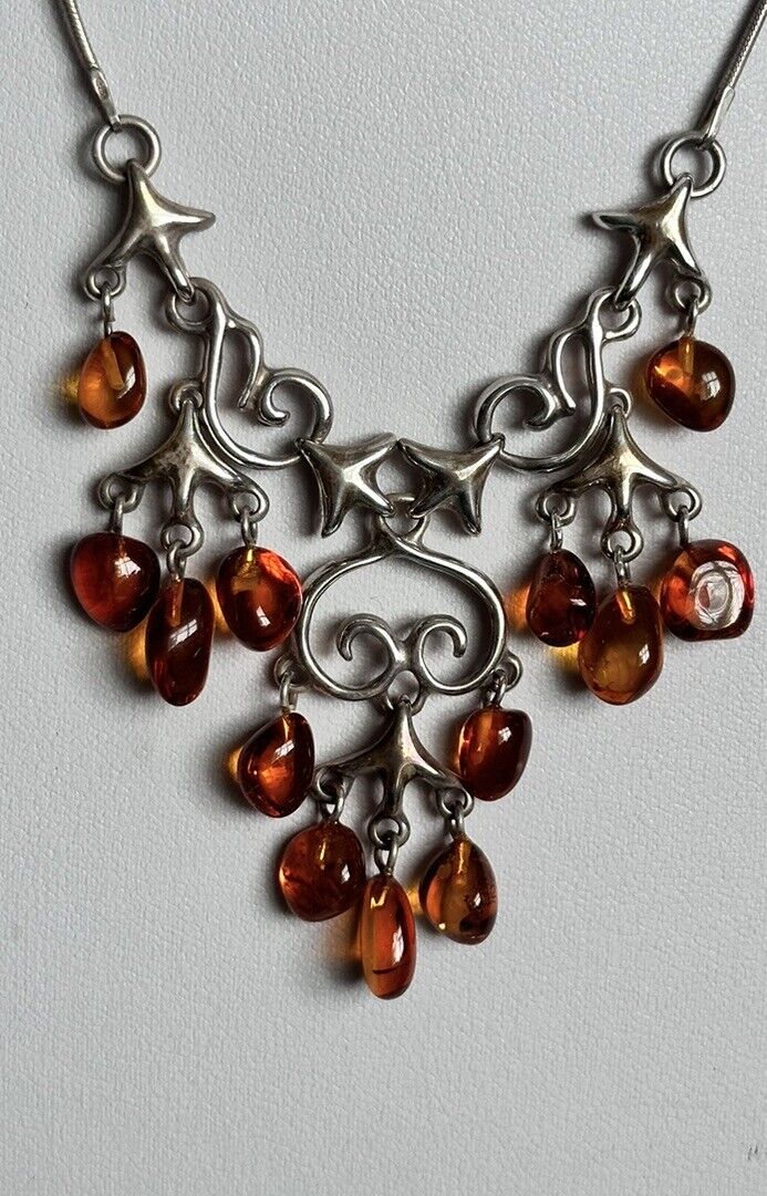 Vintage Silver 925 Baltic Amber Detailed Metalwork Necklace