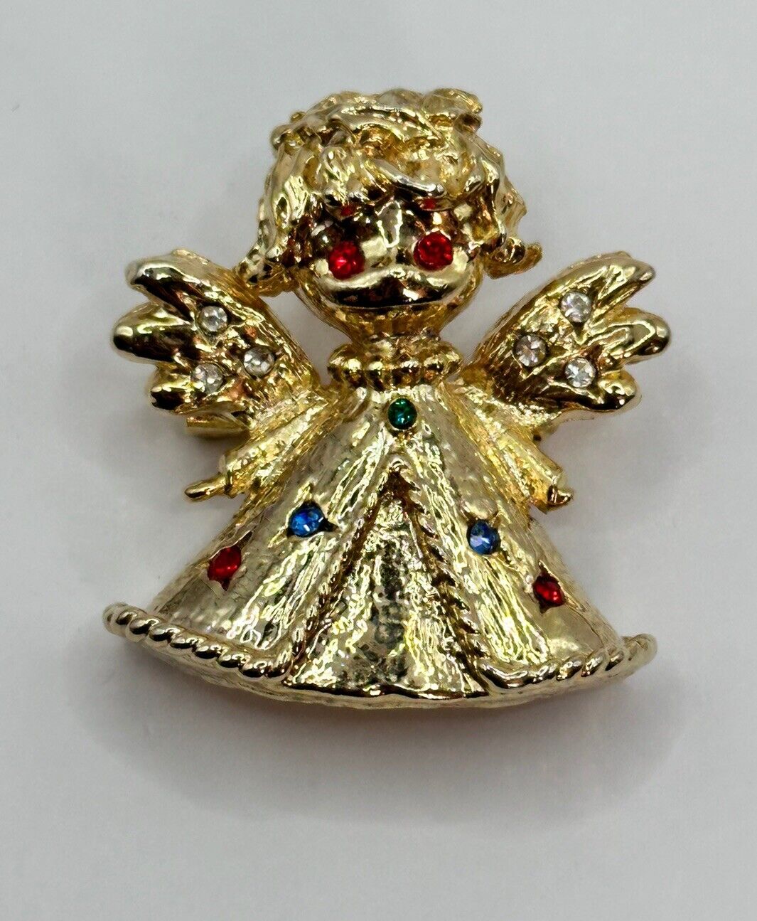 Vintage Gold Tone Multicoloured Diamanté Angel Brooch Christmas