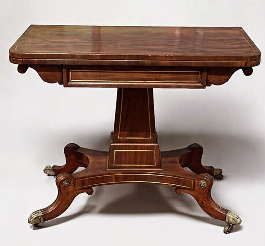 Antique Regency Mahogany & Brass Inlaid Games Table With Fold Over Lid