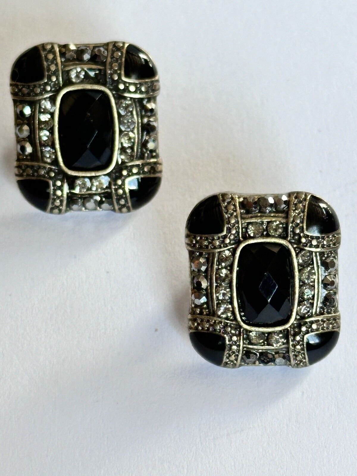 Vintage Silver Tone Black Enamel Diamanté Deco Style Earrings