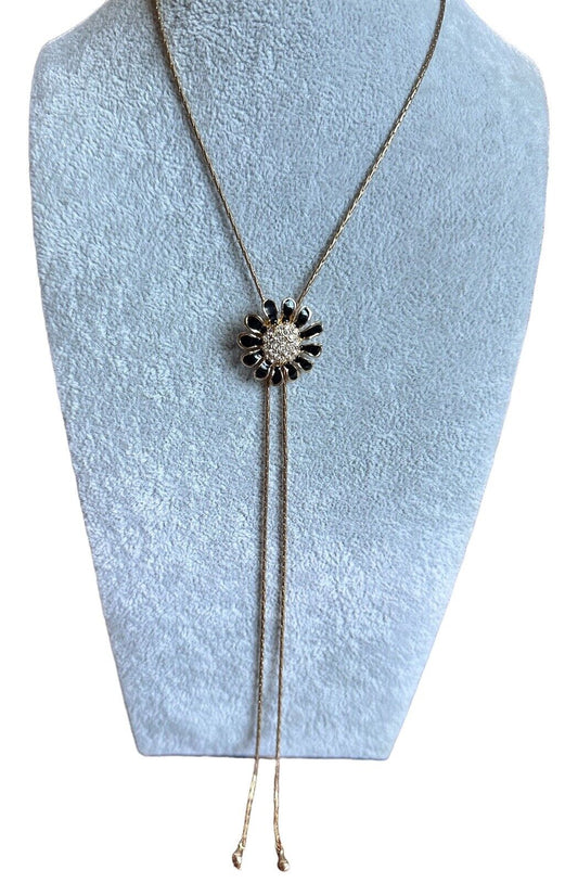 Vintage Gold Tone Adjustable Black Enamel Diamanté Flower Necklace
