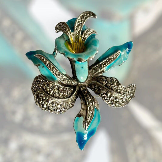 Vintage Turquoise Enamel Marcasite Flower Brooch