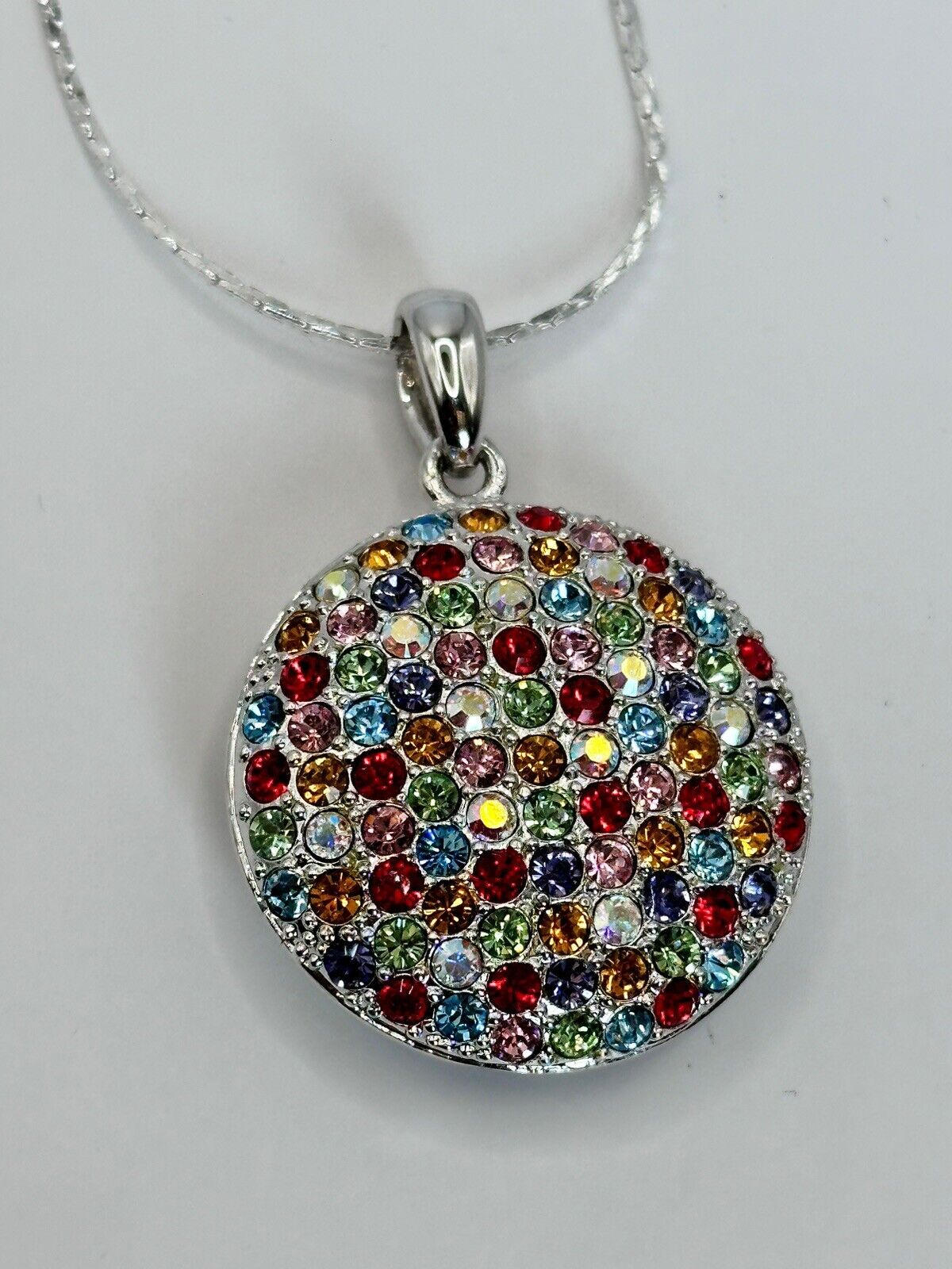 Vintage 1980s Rhodium Plated Multicoloured Diamanté Pendant Necklace