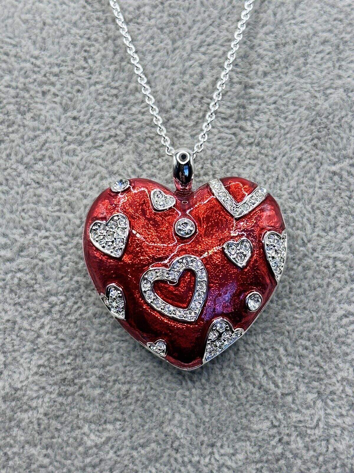 Vintage 1980s Rhodium Plated Red Heart Crystal Necklace New Old Stock