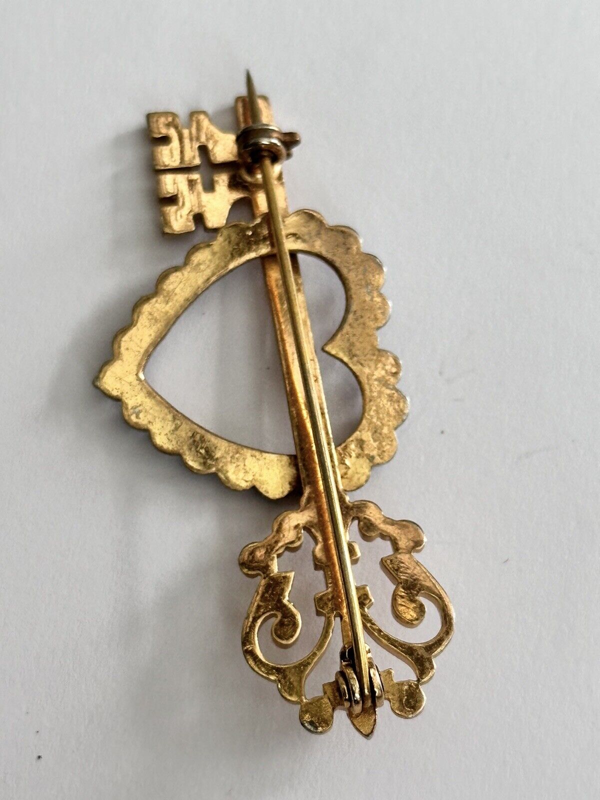 Vintage Gold Tone Blue Clear Diamanté Key Heart  Brooch