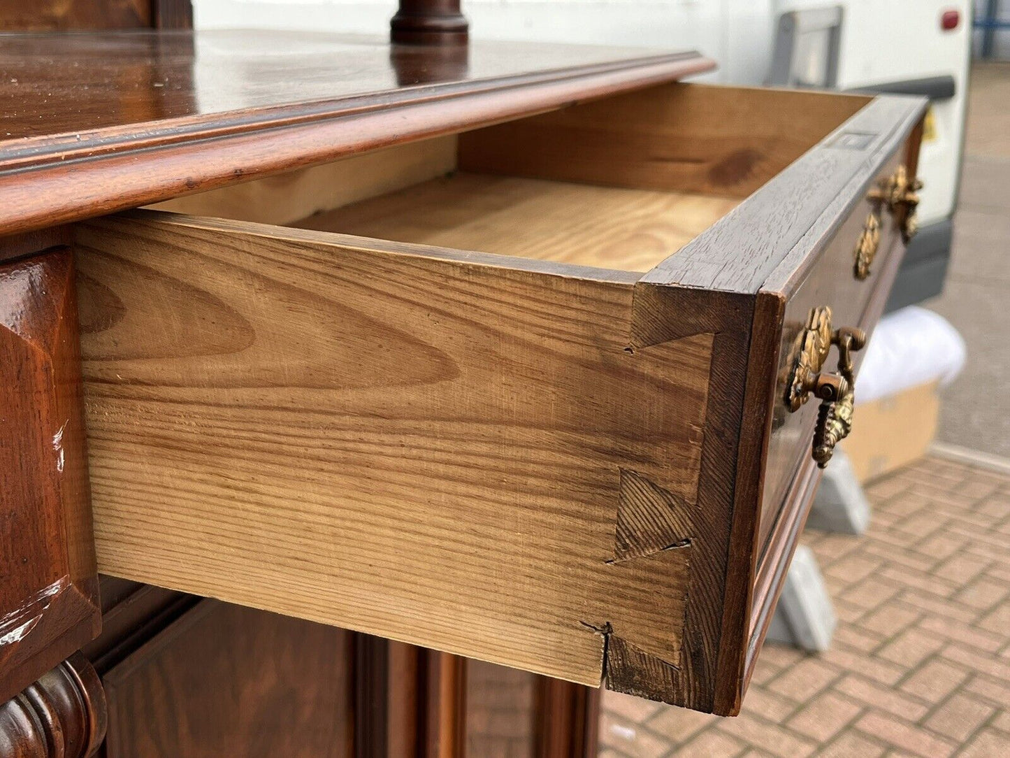 Antique Walnut Bookcase / Cupboard With Fitted Shelves & Drawer