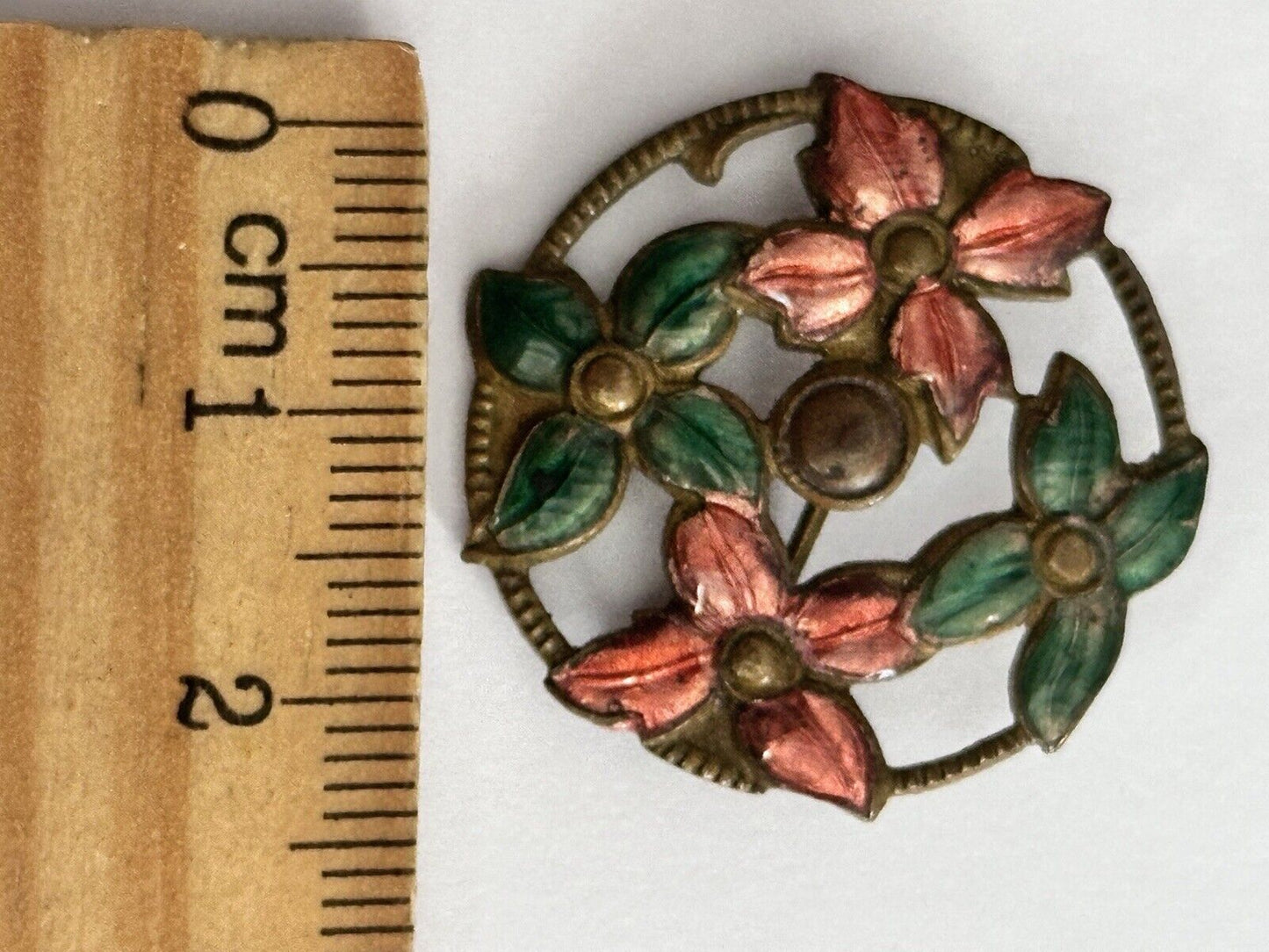 Vintage Early Pink Green Enamel Flowers Brooch