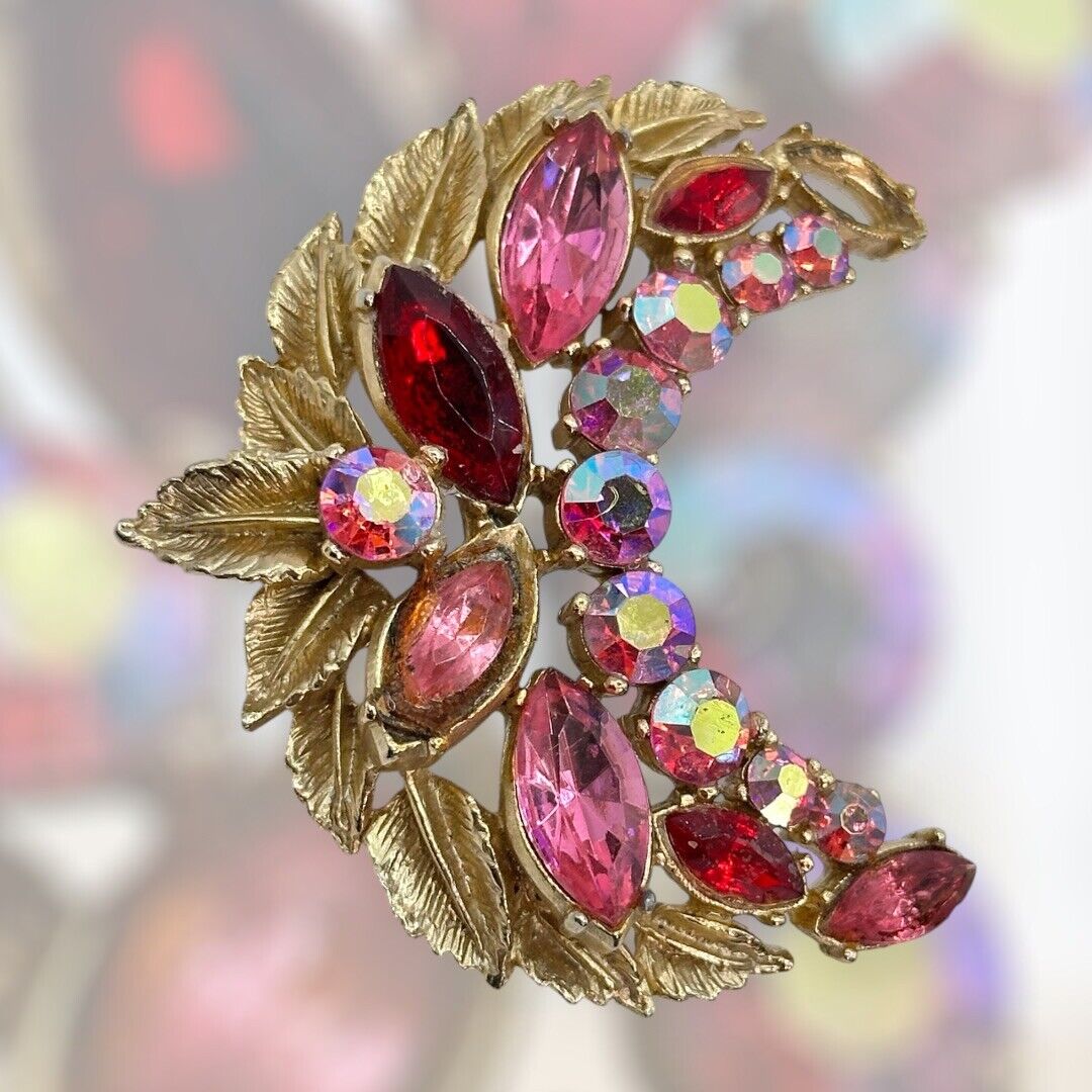 Vintage Sphinx Signed Gold Tone Pink Red Crescent  Statement  Brooch