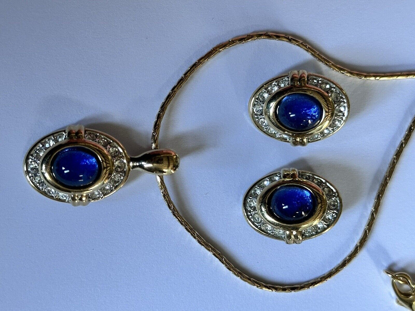 Vintage Blue Cabochon Silver Gold Tone Diamanté Necklace Clip On Earring Set