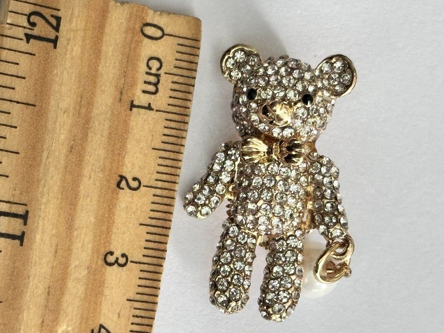 Vintage Gold Tone Diamanté Faux Pearl Teddy Bear  Brooch