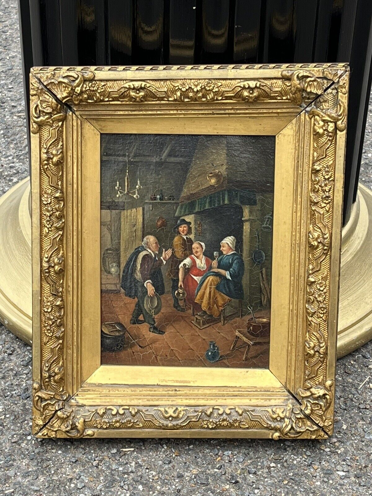 19th Century Tavern Or Inn Scene. Oil On Canvas In Gold Gilt Frame.