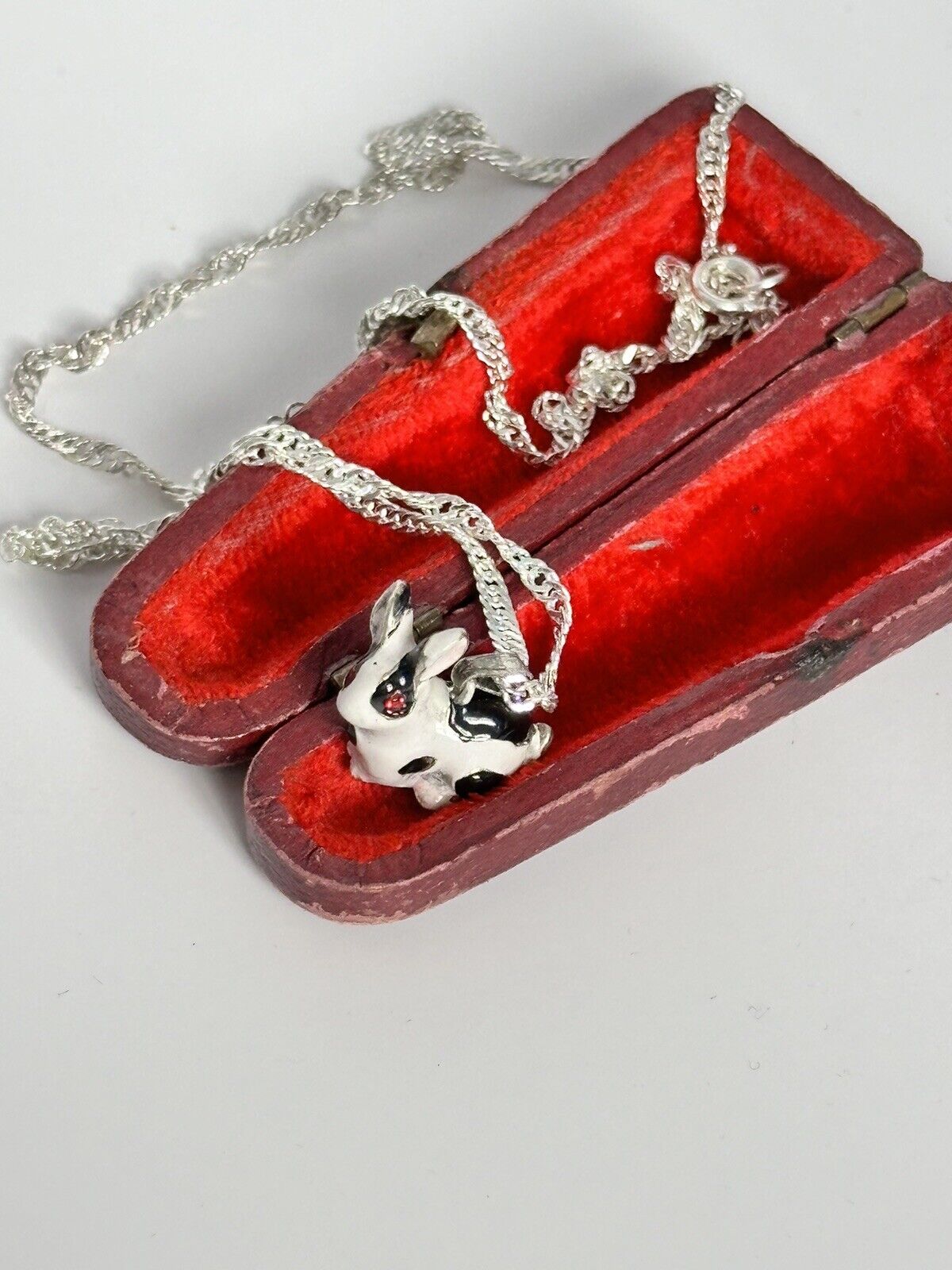 Viintage Rhodium Plated Enamel Rabbit Pendant Necklace