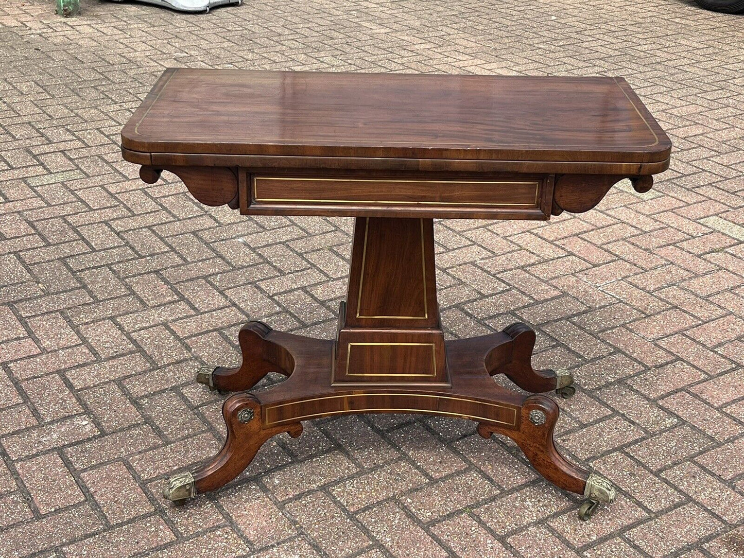 Antique Regency Mahogany & Brass Inlaid Games Table With Fold Over Lid