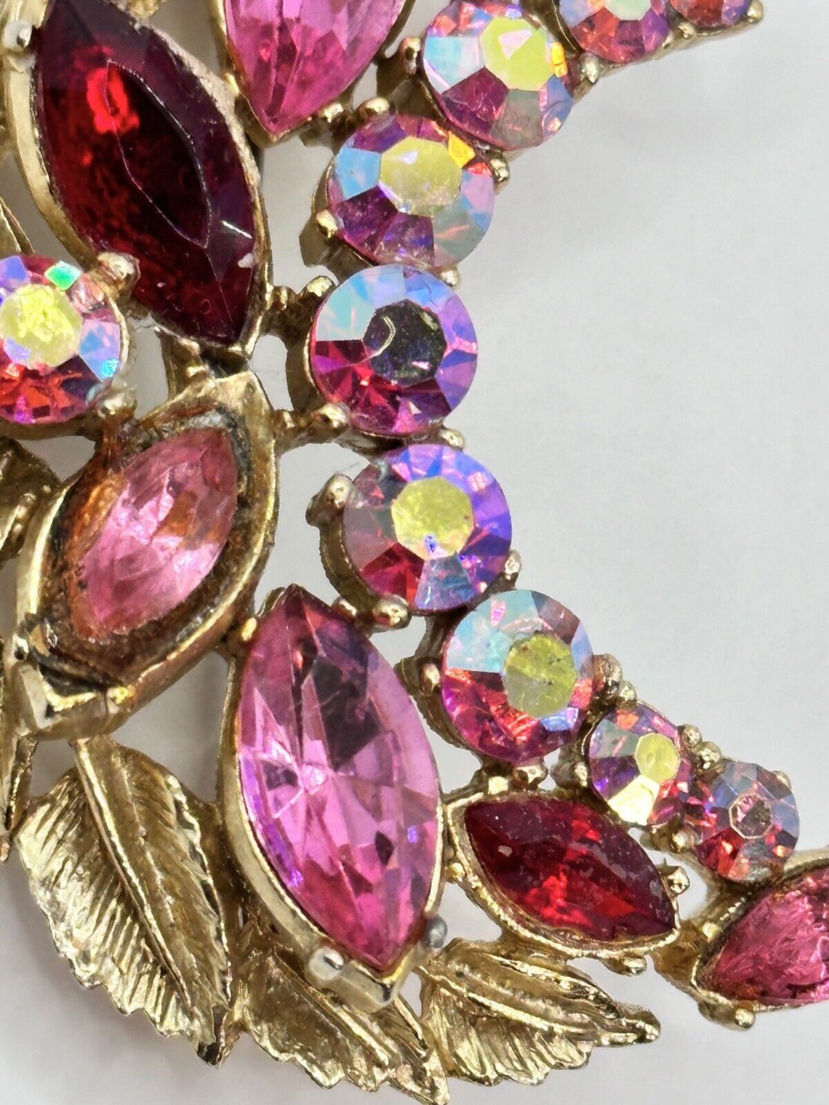 Vintage Sphinx Signed Gold Tone Pink Red Crescent  Statement  Brooch
