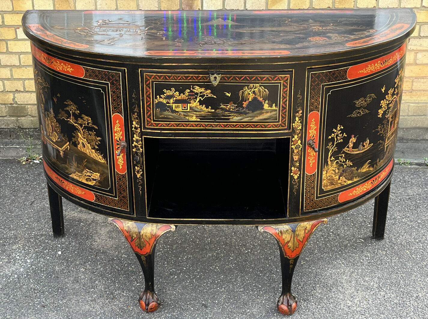 Antique Demi-Lune Chinoiserie Console Table/ Sideboard / Cocktail Cabinet.