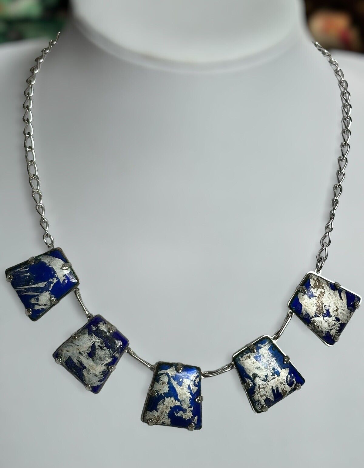 Vintage Silver Tone Blue Enamel Drops Necklace
