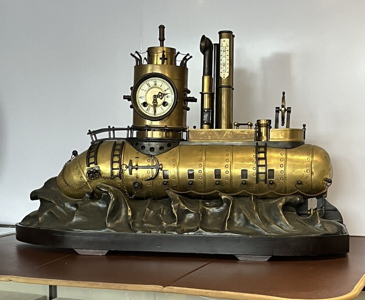 SUBMARINE novelty Brass & Metal Industrial Exhibition Clock. HUGE IN SIZE