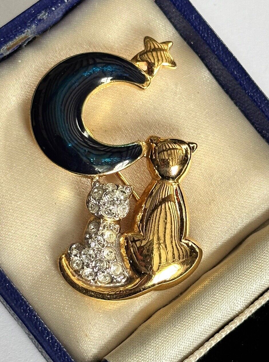 Vintage Gold Plated Blue Enamel Cats Moon Star Brooch