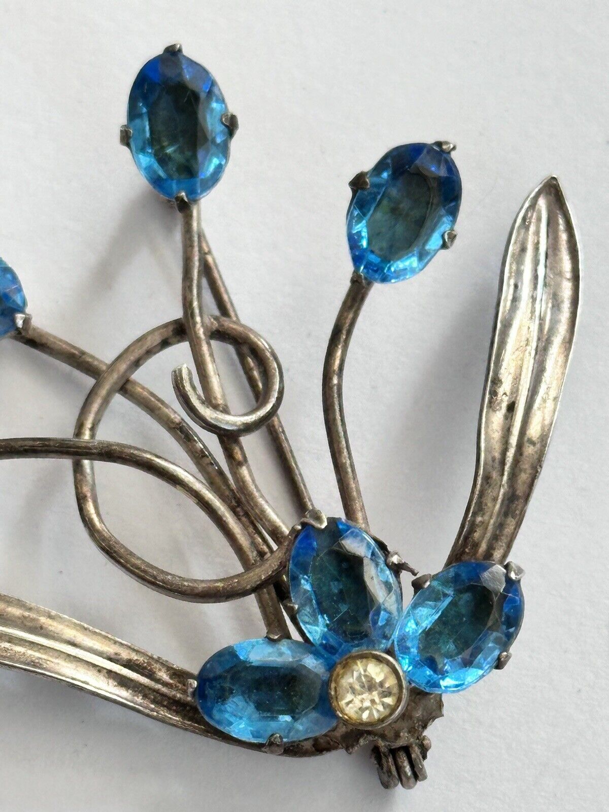 Vintage Silver Tone Blue Stone Flower Spray Brooch
