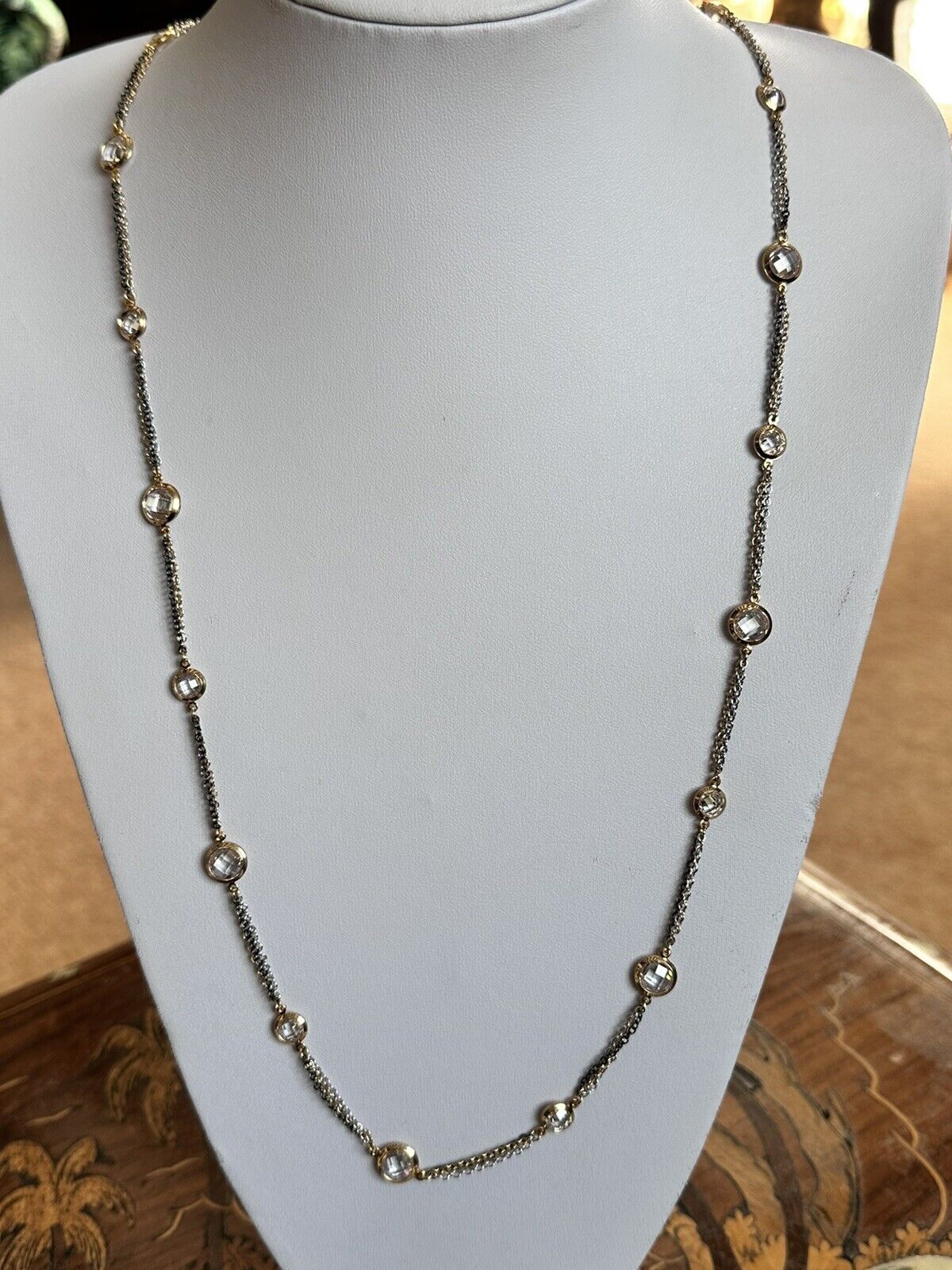 Vintage 3 Tone Metal Chain Crystal Necklace Long Length