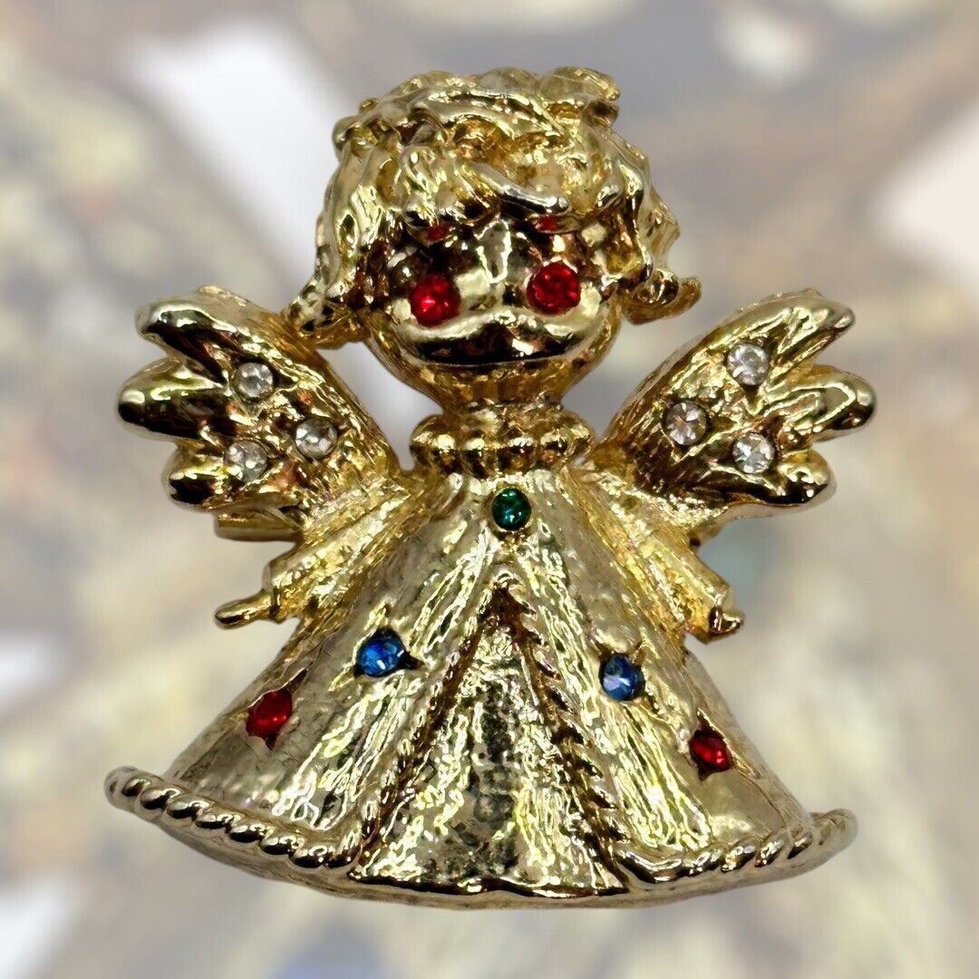 Vintage Gold Tone Multicoloured Diamanté Angel Brooch Christmas