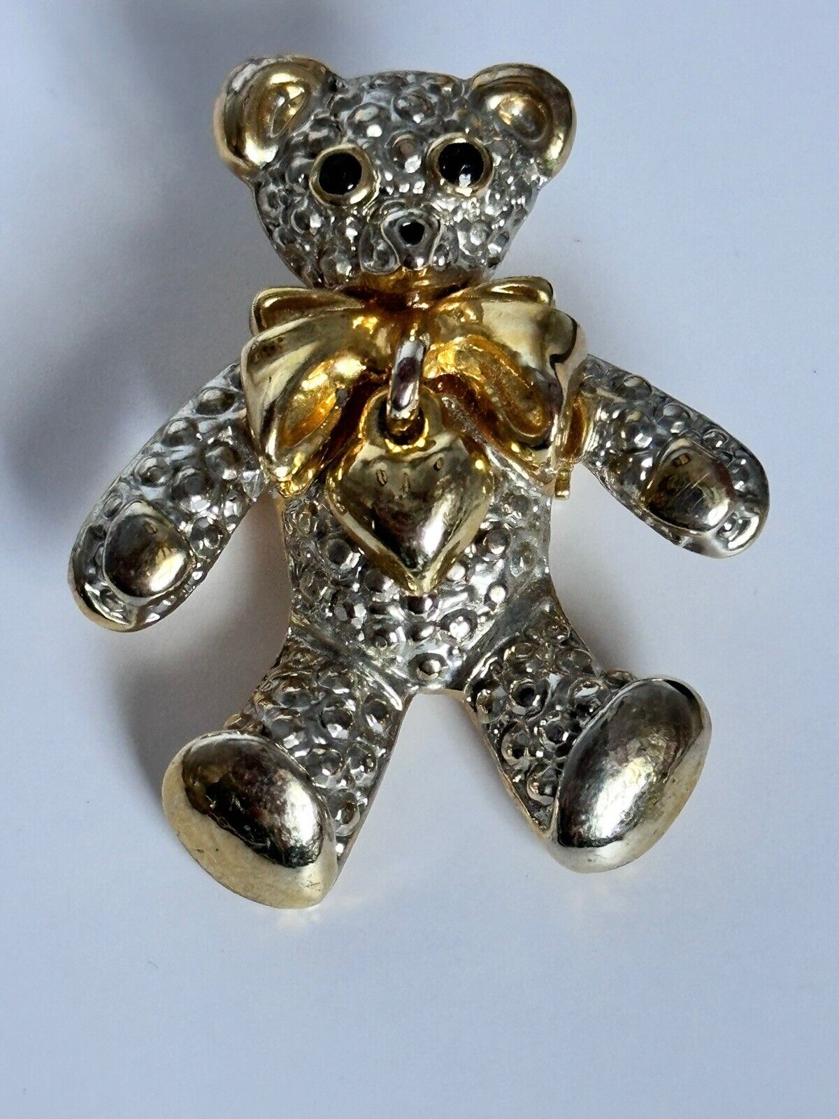 Vintage Silver Gold Tone Teddy Bow Hanging Heart Brooch